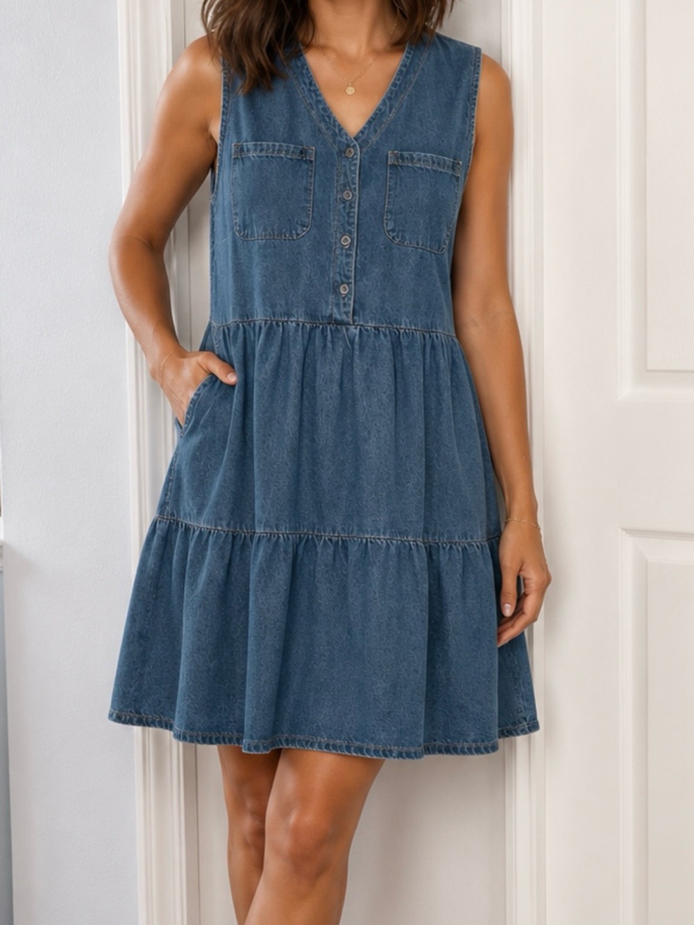 Cute Denim Babydoll Cotton Blend, Tier Sleeveless Dress